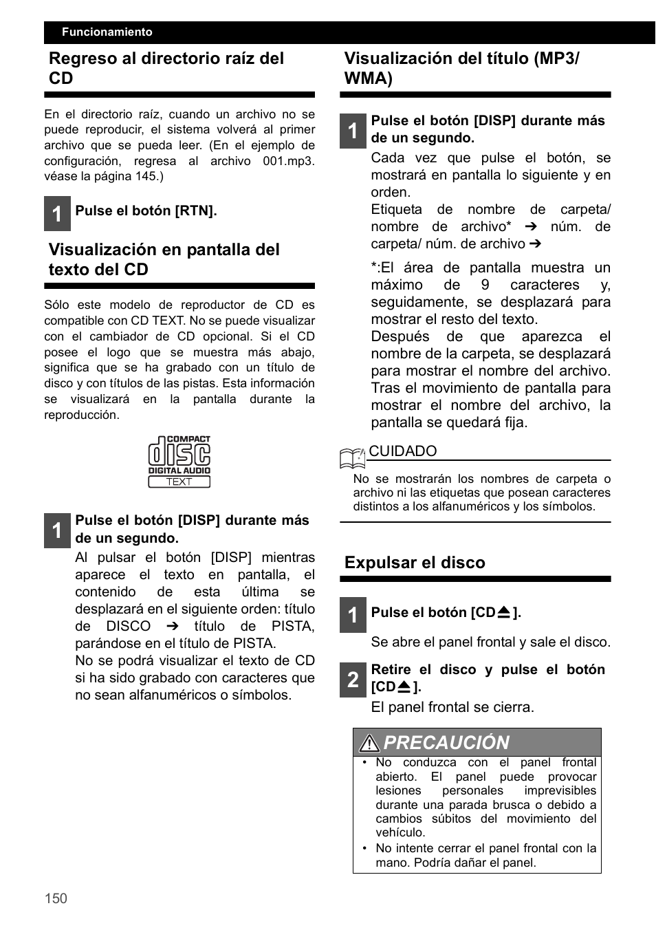 Regreso al directorio raíz del cd, Visualización en pantalla del texto del cd, Visualización del título (mp3/ wma) | Expulsar el disco, Precaución | Eclipse - Fujitsu Ten CD4000 User Manual | Page 150 / 195