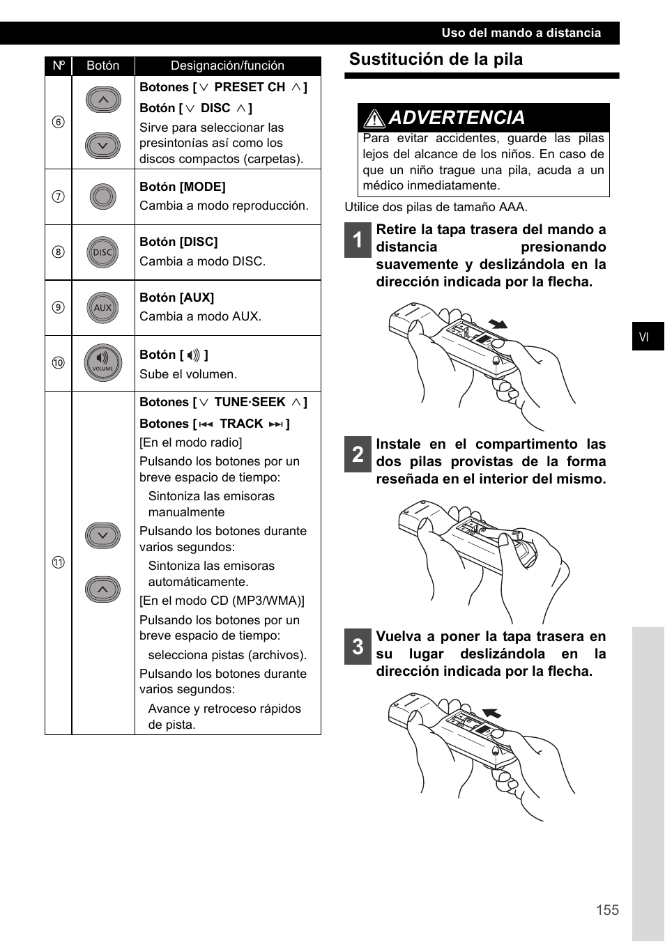 Sustitución de la pila, Advertencia | Eclipse - Fujitsu Ten CD4000 User Manual | Page 155 / 195