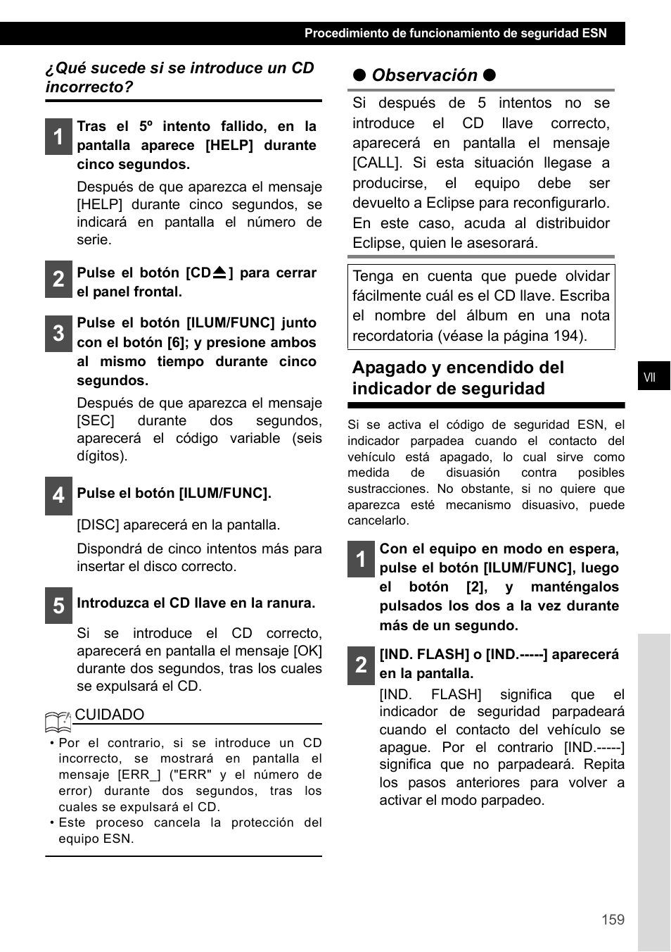 Qué sucede si se introduce un cd incorrecto, Apagado y encendido del indicador de seguridad | Eclipse - Fujitsu Ten CD4000 User Manual | Page 159 / 195