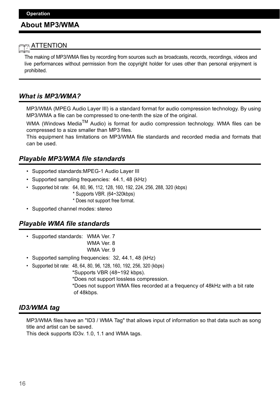 About mp3/wma, What is mp3/wma, Playable mp3/wma file standards | Playable wma file standards, Id3/wma tag | Eclipse - Fujitsu Ten CD4000 User Manual | Page 16 / 195