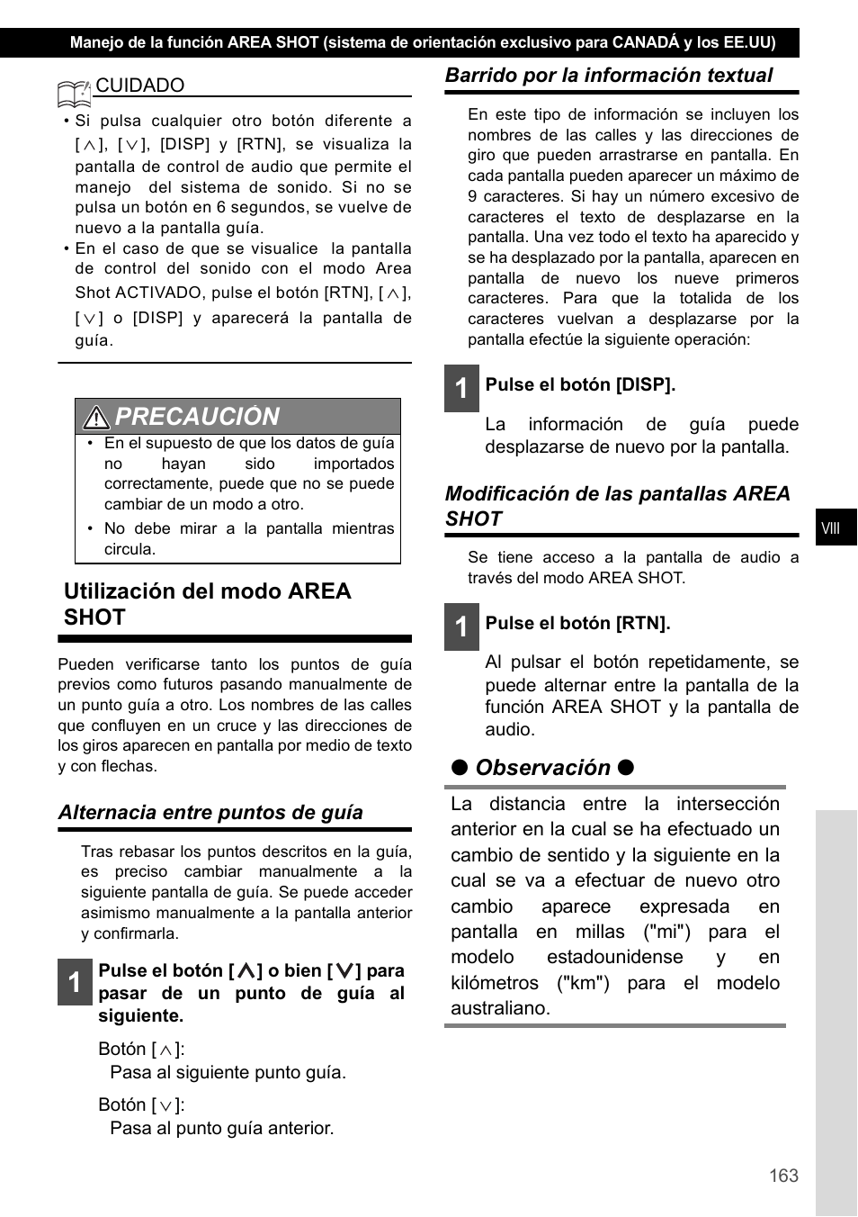 Utilización del modo area shot, Alternacia entre puntos de guía, Barrido por la información textual | Modificación de las pantallas area shot, Precaución, Observación | Eclipse - Fujitsu Ten CD4000 User Manual | Page 163 / 195