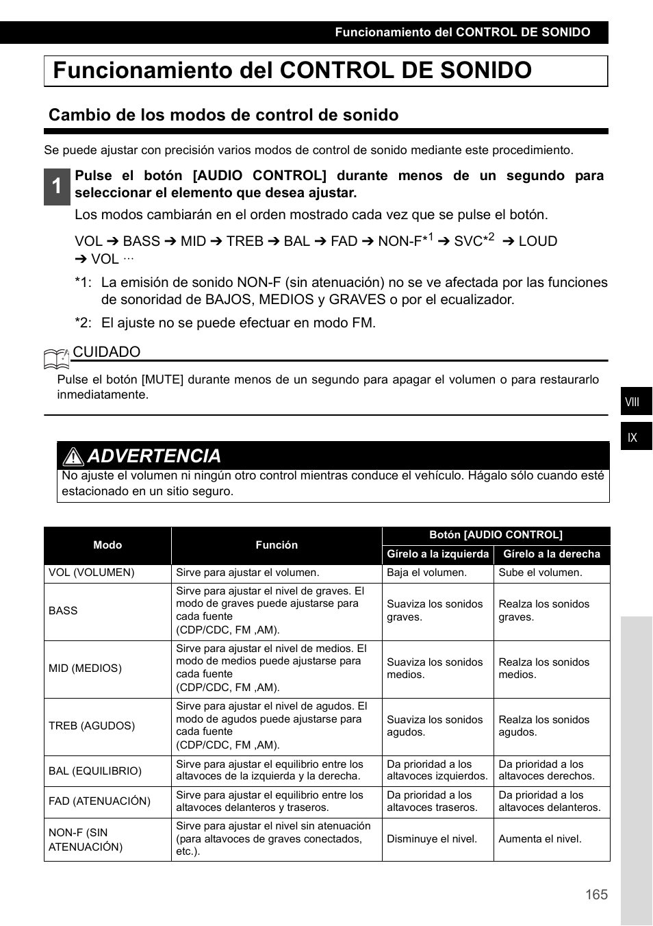 Funcionamiento del control de sonido, Cambio de los modos de control de sonido, Advertencia | Cuidado | Eclipse - Fujitsu Ten CD4000 User Manual | Page 165 / 195