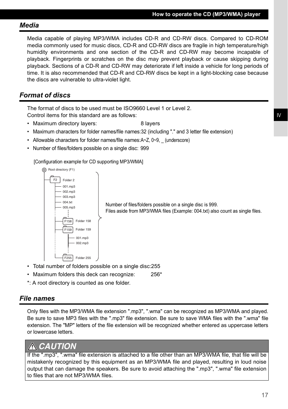 Media, Format of discs, File names | Media format of discs file names, Caution | Eclipse - Fujitsu Ten CD4000 User Manual | Page 17 / 195