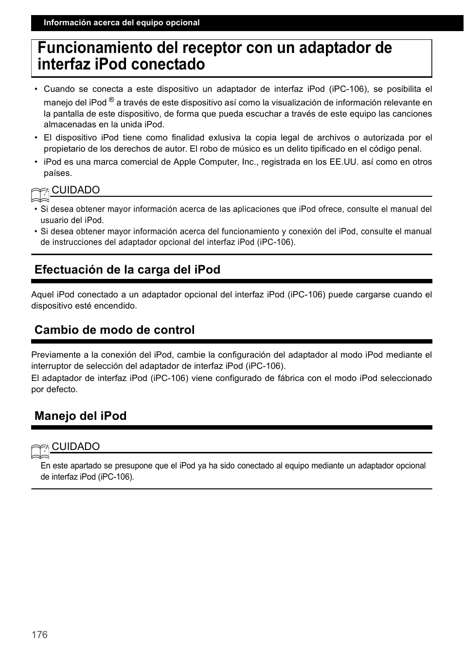 Efectuación de la carga del ipod, Cambio de modo de control, Manejo del ipod | Eclipse - Fujitsu Ten CD4000 User Manual | Page 176 / 195