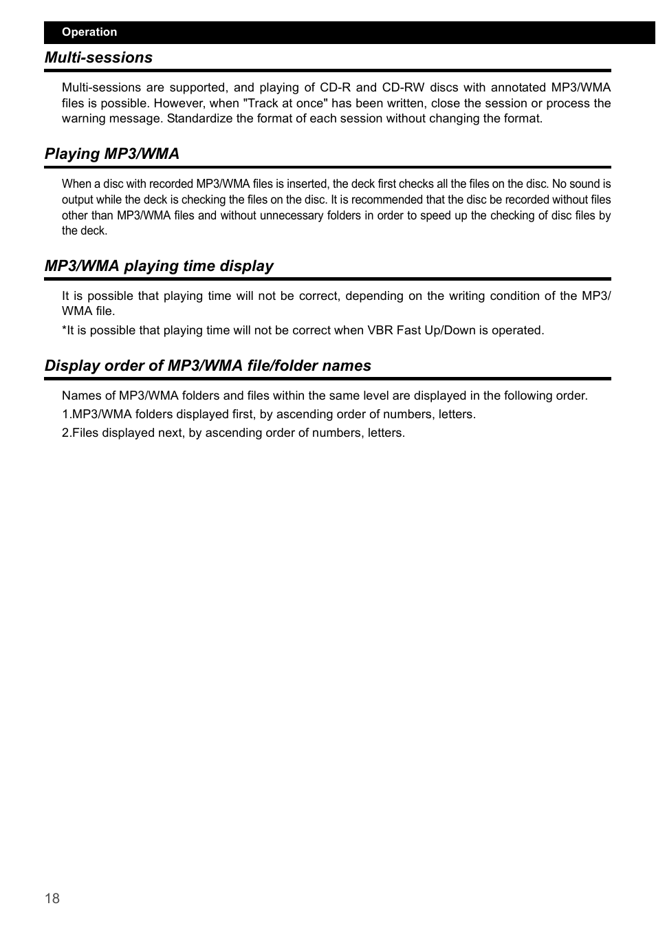 Multi-sessions, Playing mp3/wma, Mp3/wma playing time display | Display order of mp3/wma file/folder names | Eclipse - Fujitsu Ten CD4000 User Manual | Page 18 / 195