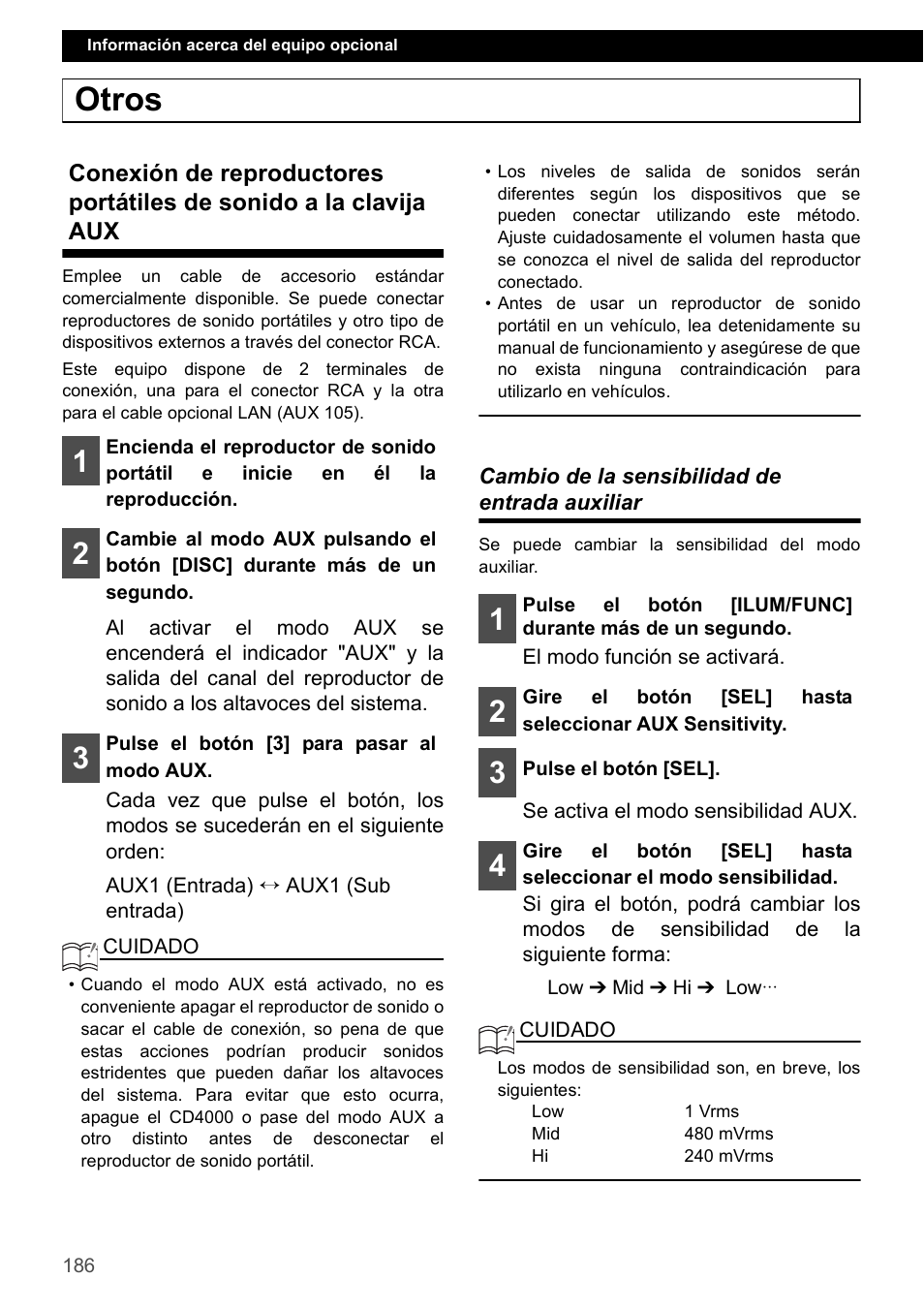 Otros, Cambio de la sensibilidad de entrada auxiliar | Eclipse - Fujitsu Ten CD4000 User Manual | Page 186 / 195