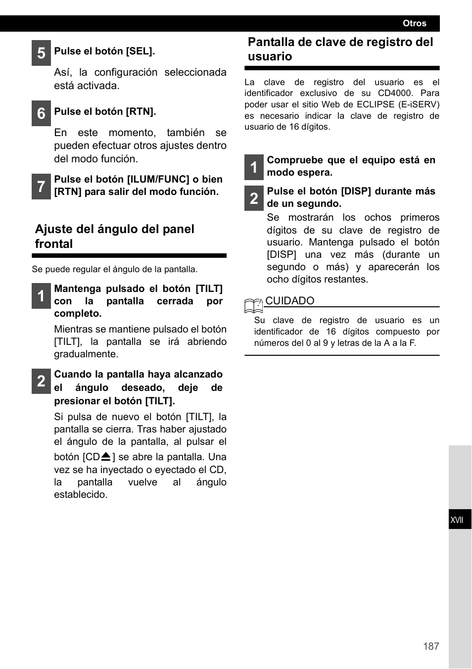 Ajuste del ángulo del panel frontal, Pantalla de clave de registro del usuario | Eclipse - Fujitsu Ten CD4000 User Manual | Page 187 / 195