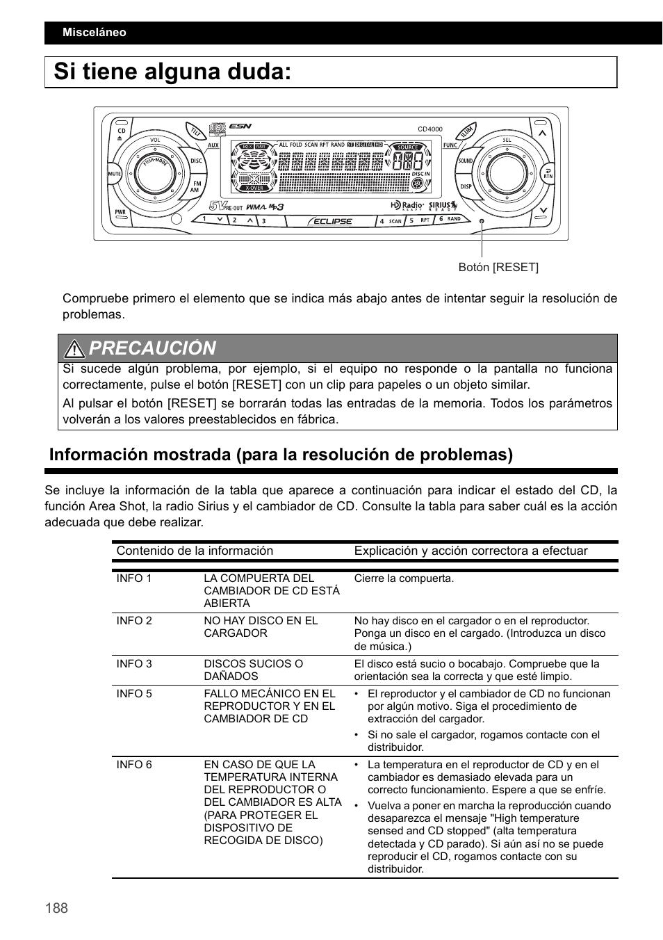 Si tiene alguna duda, Precaución | Eclipse - Fujitsu Ten CD4000 User Manual | Page 188 / 195