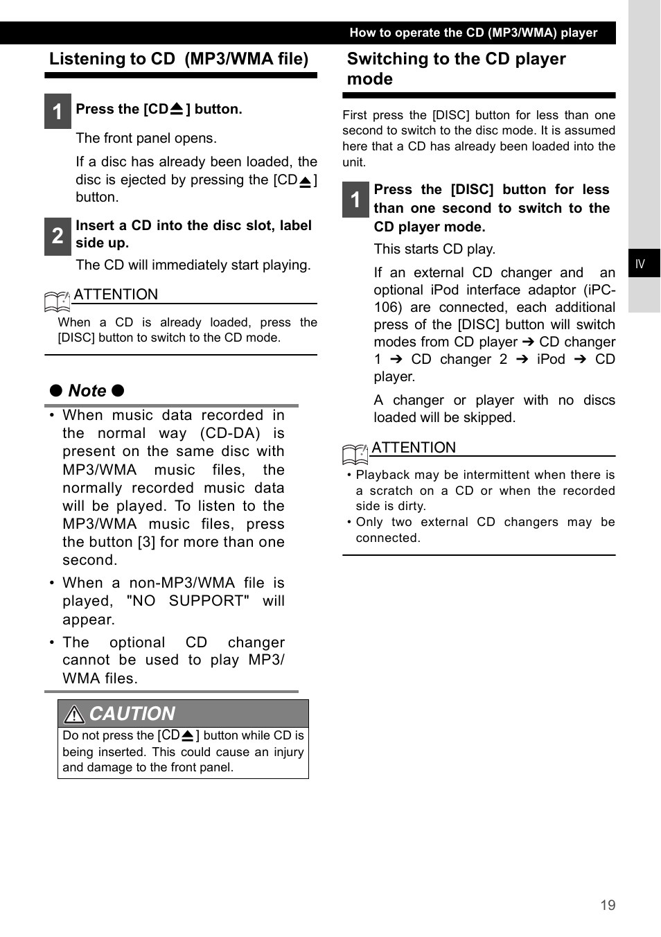 Listening to cd (mp3/wma file), Switching to the cd player mode, Caution | Eclipse - Fujitsu Ten CD4000 User Manual | Page 19 / 195