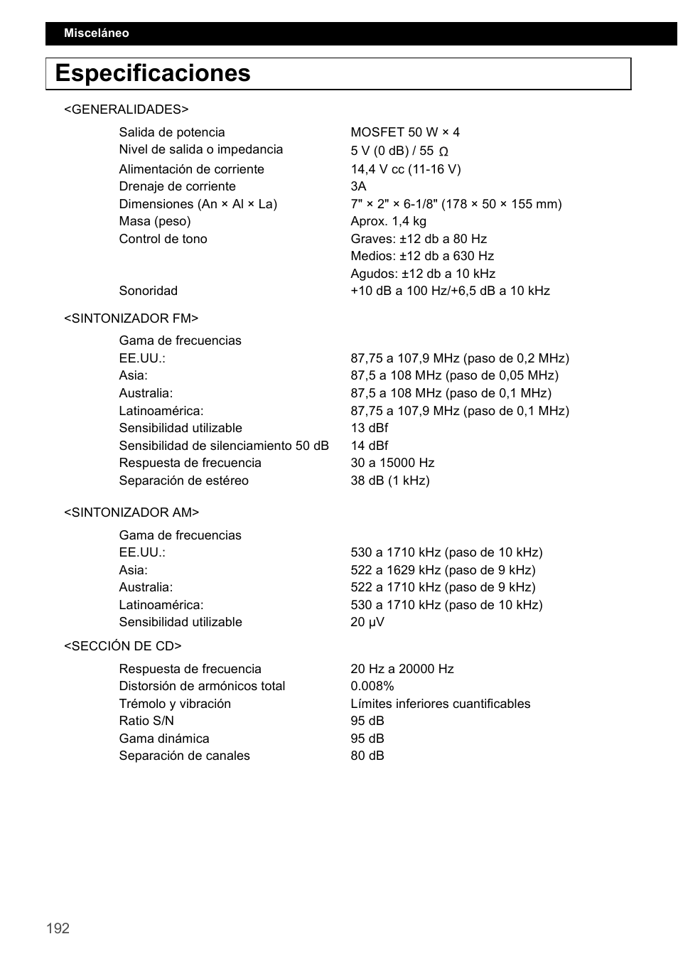 Especificaciones | Eclipse - Fujitsu Ten CD4000 User Manual | Page 192 / 195