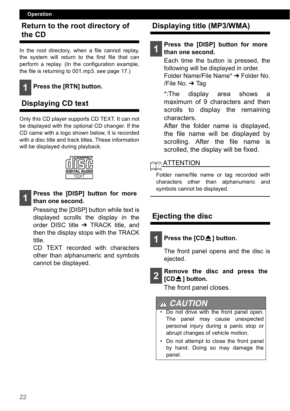 Return to the root directory of the cd, Displaying cd text, Displaying title (mp3/wma) | Ejecting the disc, Caution | Eclipse - Fujitsu Ten CD4000 User Manual | Page 22 / 195