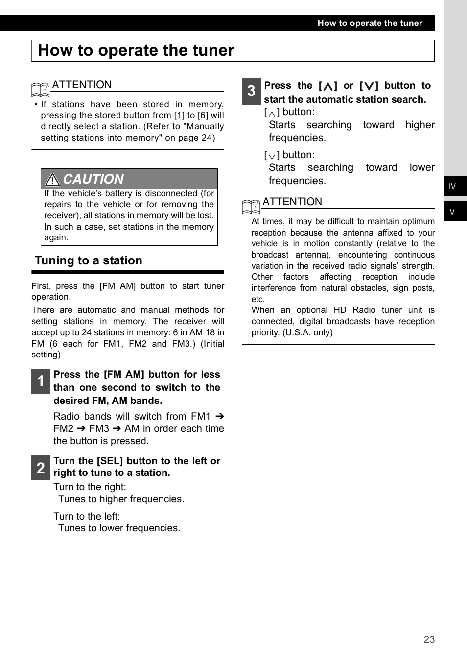 How to operate the tuner, Tuning to a station, Caution | Eclipse - Fujitsu Ten CD4000 User Manual | Page 23 / 195