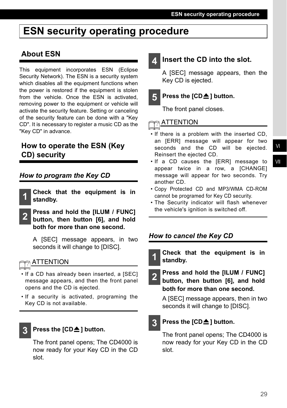 Esn security operating procedure, About esn, How to operate the esn (key cd) security | How to program the key cd, How to cancel the key cd, About esn how to operate the esn (key cd) security, How to program the key cd how to cancel the key cd | Eclipse - Fujitsu Ten CD4000 User Manual | Page 29 / 195