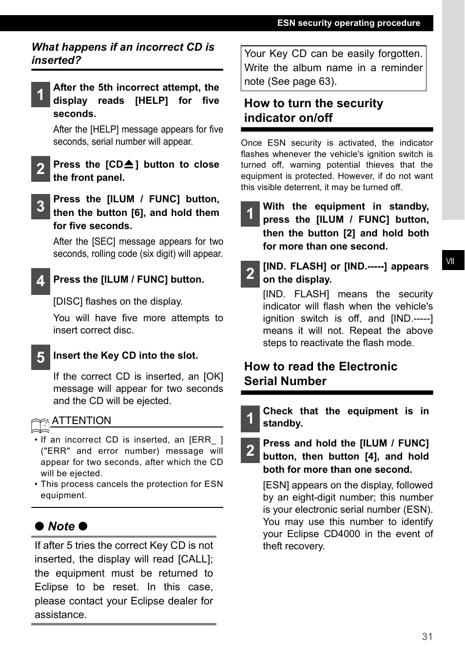 What happens if an incorrect cd is inserted, How to turn the security indicator on/off, How to read the electronic serial number | Eclipse - Fujitsu Ten CD4000 User Manual | Page 31 / 195