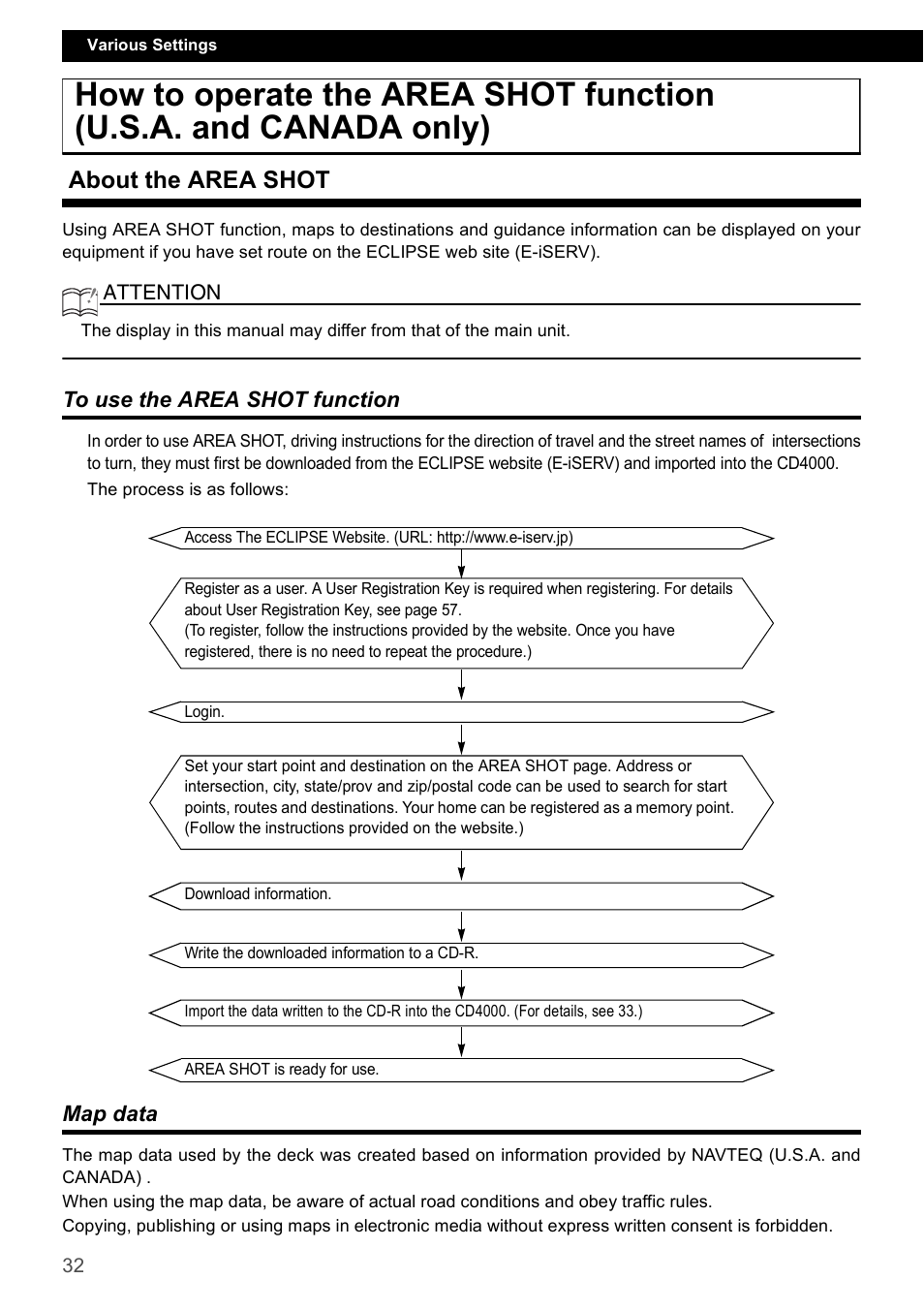 About the area shot, To use the area shot function, Map data | To use the area shot function map data | Eclipse - Fujitsu Ten CD4000 User Manual | Page 32 / 195