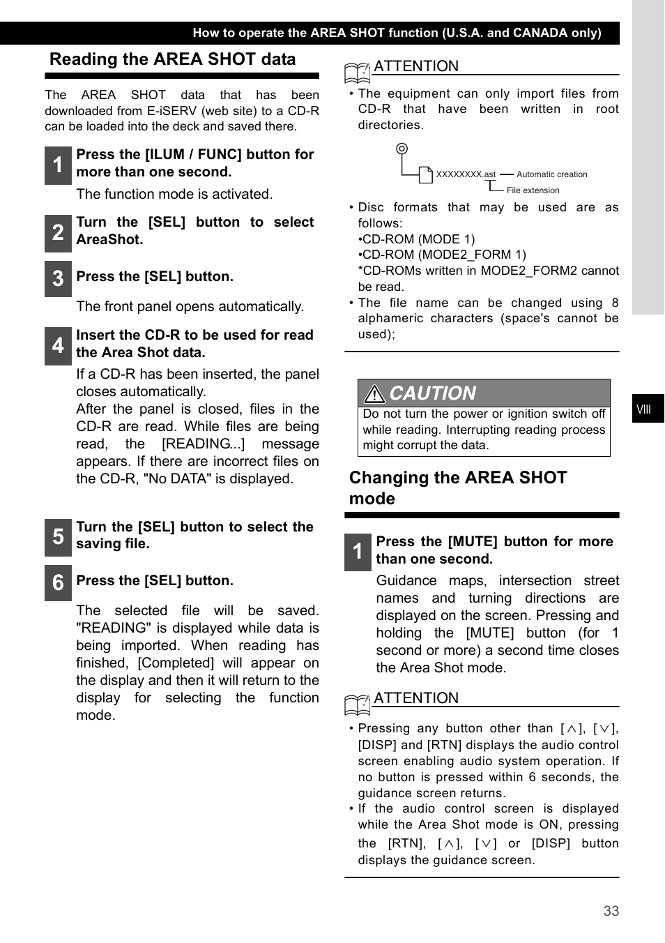 Reading the area shot data, Changing the area shot mode, Caution | Eclipse - Fujitsu Ten CD4000 User Manual | Page 33 / 195