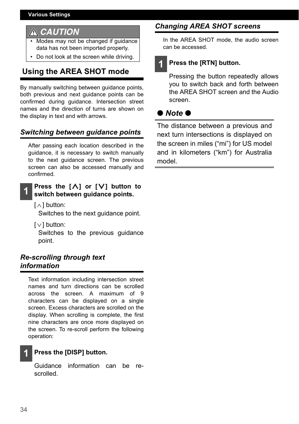 Using the area shot mode, Switching between guidance points, Re-scrolling through text information | Changing area shot screens, Caution | Eclipse - Fujitsu Ten CD4000 User Manual | Page 34 / 195