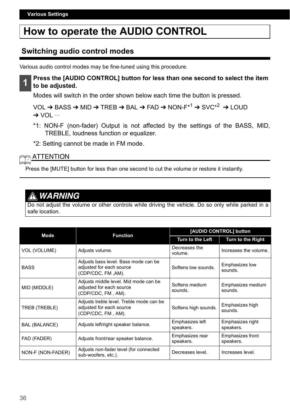 How to operate the audio control, Switching audio control modes, Warning | Attention | Eclipse - Fujitsu Ten CD4000 User Manual | Page 36 / 195