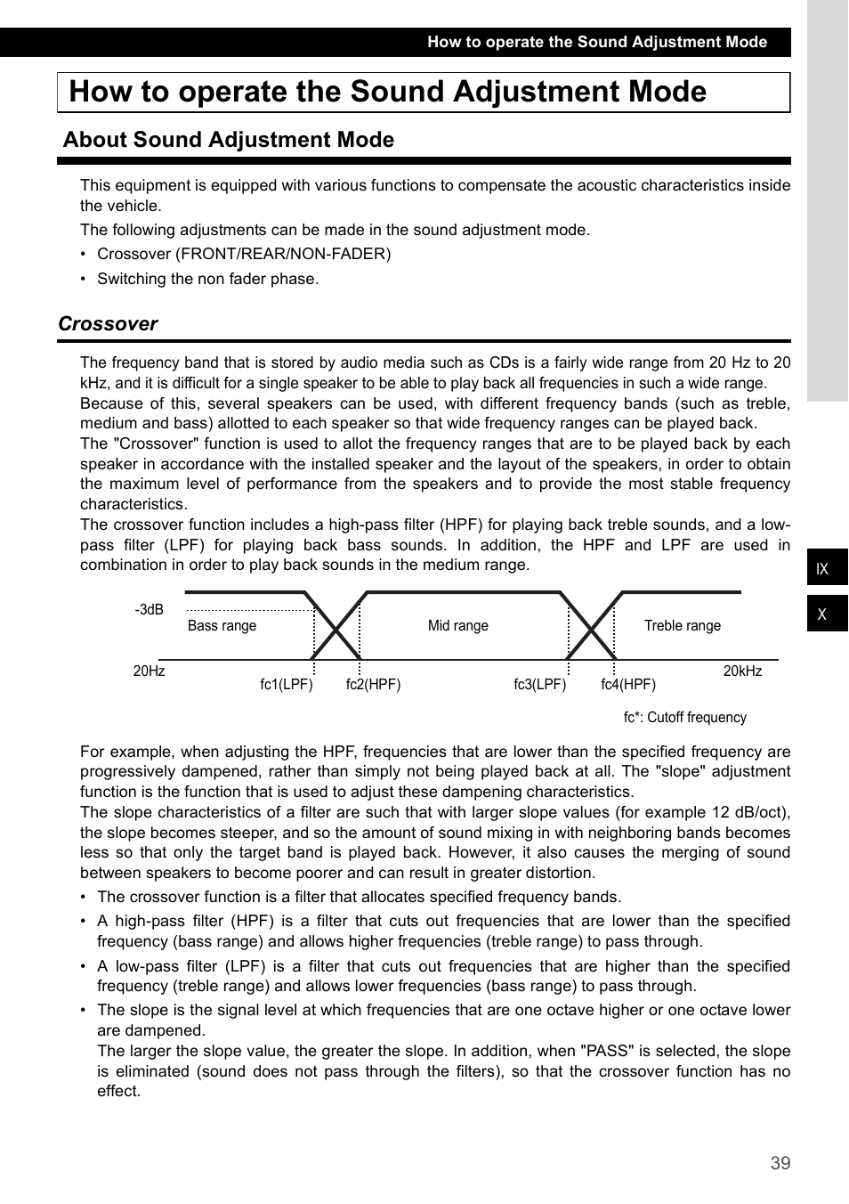 How to operate the sound adjustment mode, About sound adjustment mode, Crossover | Eclipse - Fujitsu Ten CD4000 User Manual | Page 39 / 195