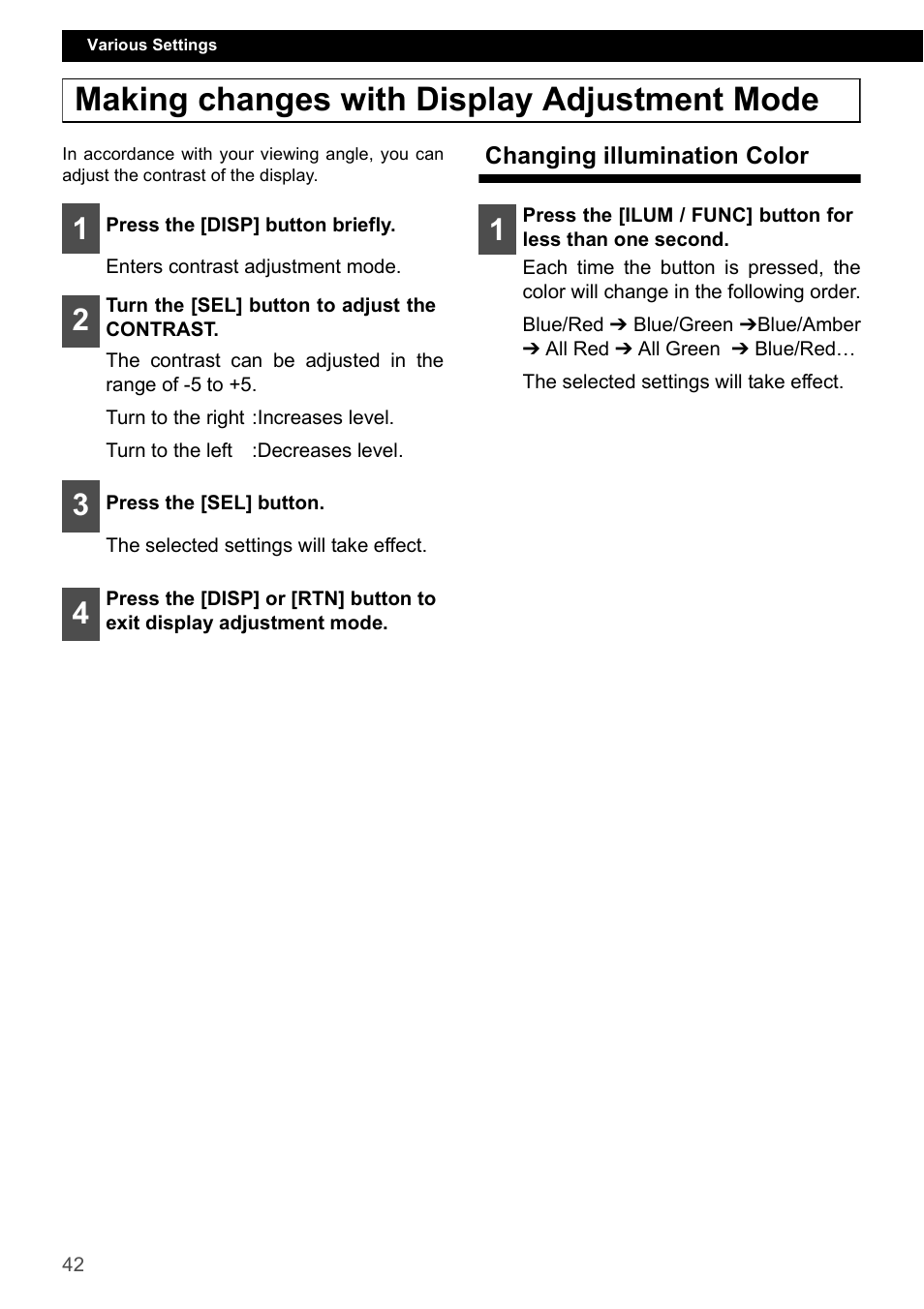 Making changes with display adjustment mode, Changing illumination color | Eclipse - Fujitsu Ten CD4000 User Manual | Page 42 / 195