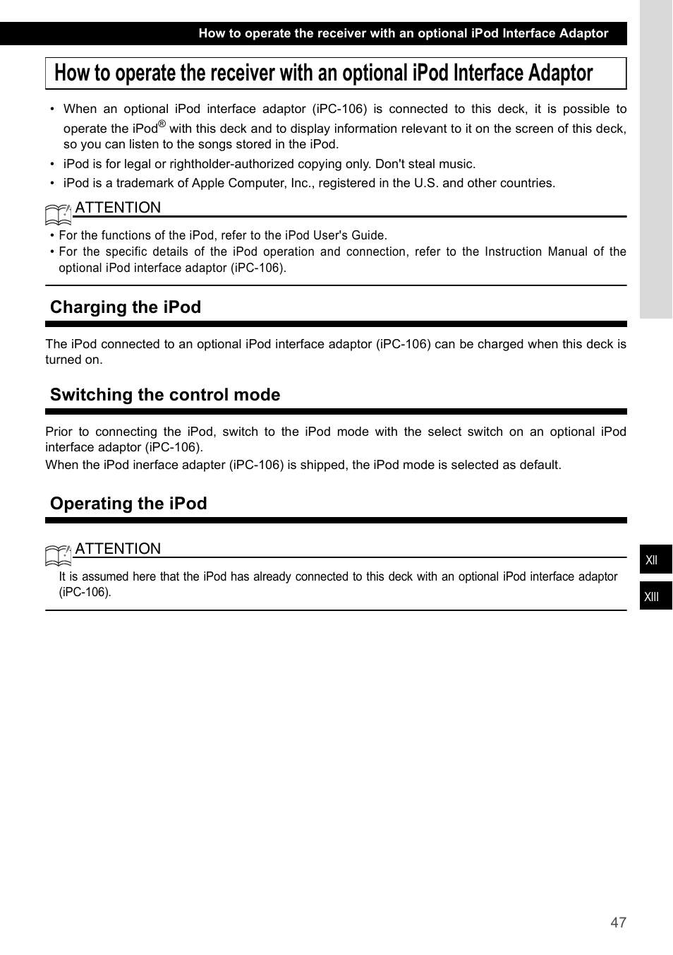 Charging the ipod, Switching the control mode, Operating the ipod | Eclipse - Fujitsu Ten CD4000 User Manual | Page 47 / 195