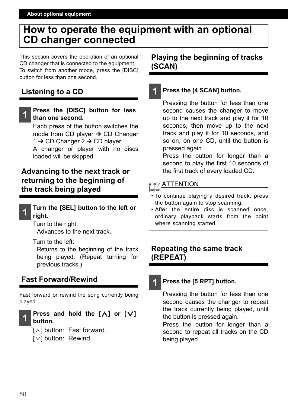 Listening to a cd, Fast forward/rewind, Playing the beginning of tracks (scan) | Repeating the same track (repeat) | Eclipse - Fujitsu Ten CD4000 User Manual | Page 50 / 195