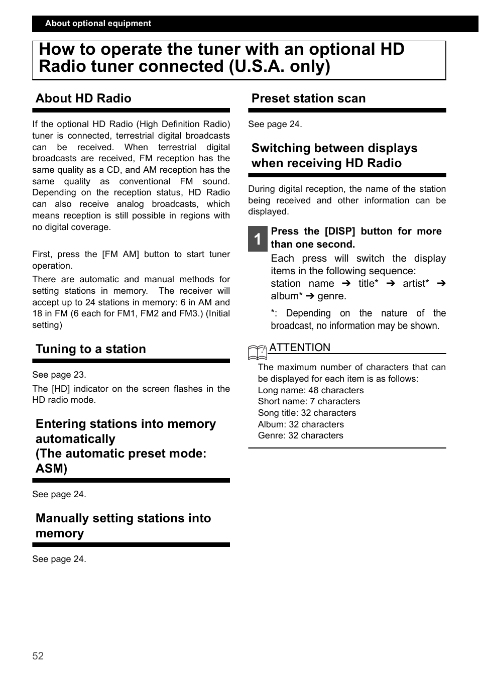 About hd radio, Tuning to a station, Manually setting stations into memory | Preset station scan, Switching between displays when receiving hd radio | Eclipse - Fujitsu Ten CD4000 User Manual | Page 52 / 195