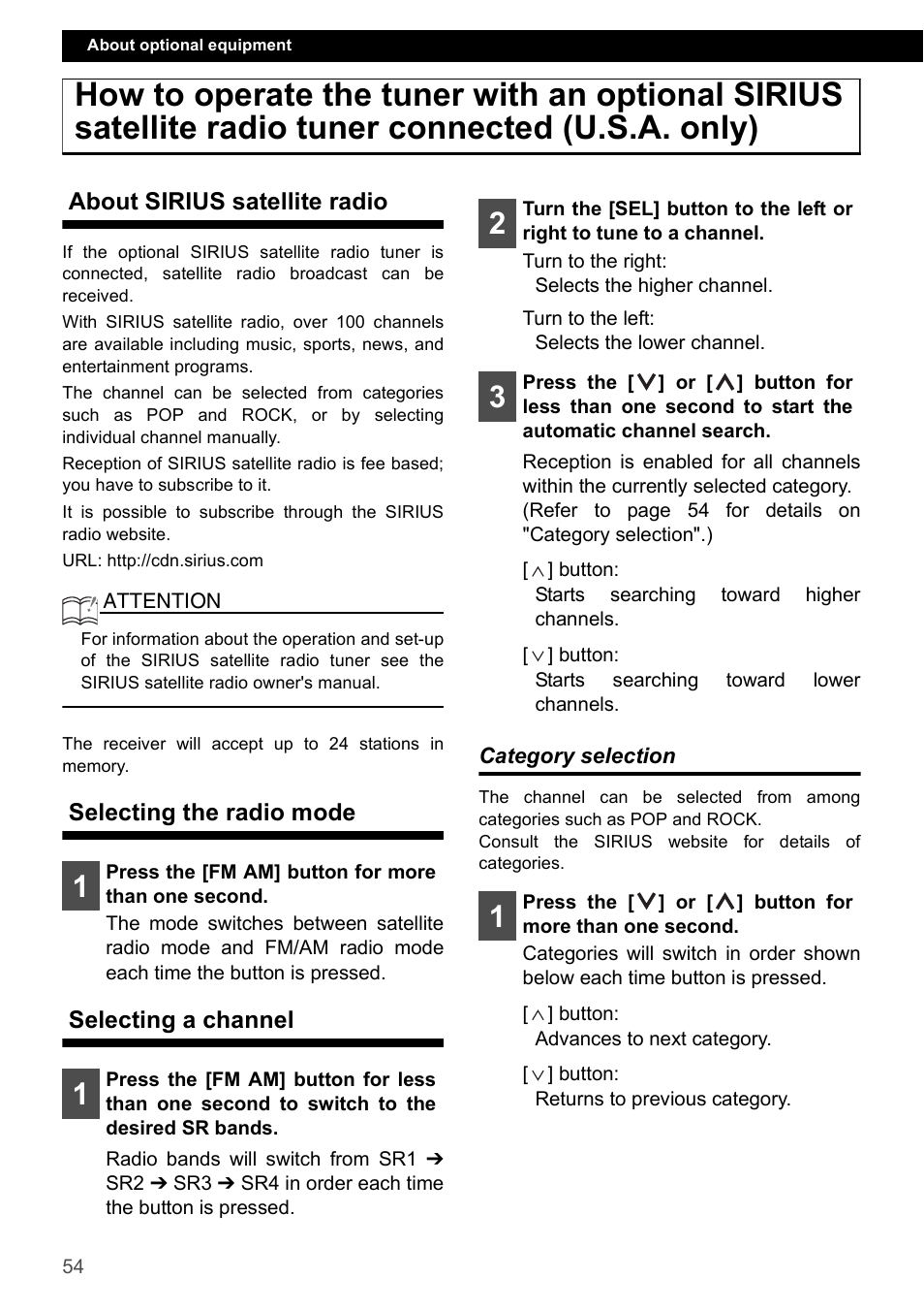 About sirius satellite radio, Selecting the radio mode, Selecting a channel | Category selection | Eclipse - Fujitsu Ten CD4000 User Manual | Page 54 / 195