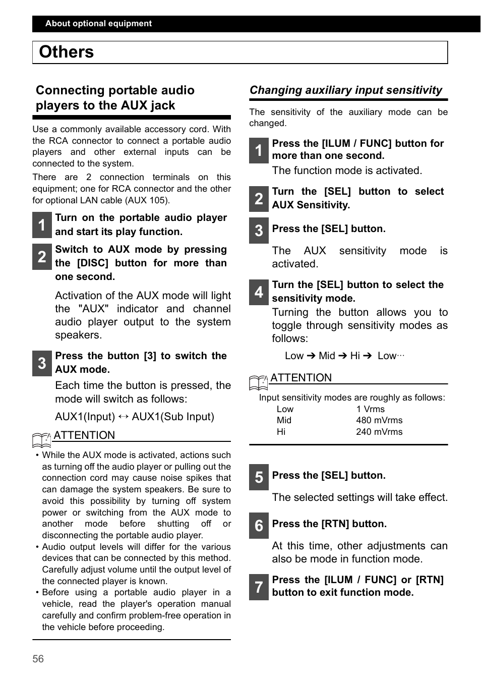 Others, Connecting portable audio players to the aux jack, Changing auxiliary input sensitivity | Eclipse - Fujitsu Ten CD4000 User Manual | Page 56 / 195