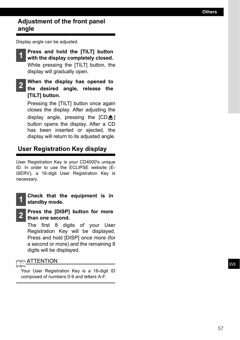 Adjustment of the front panel angle, User registration key display | Eclipse - Fujitsu Ten CD4000 User Manual | Page 57 / 195