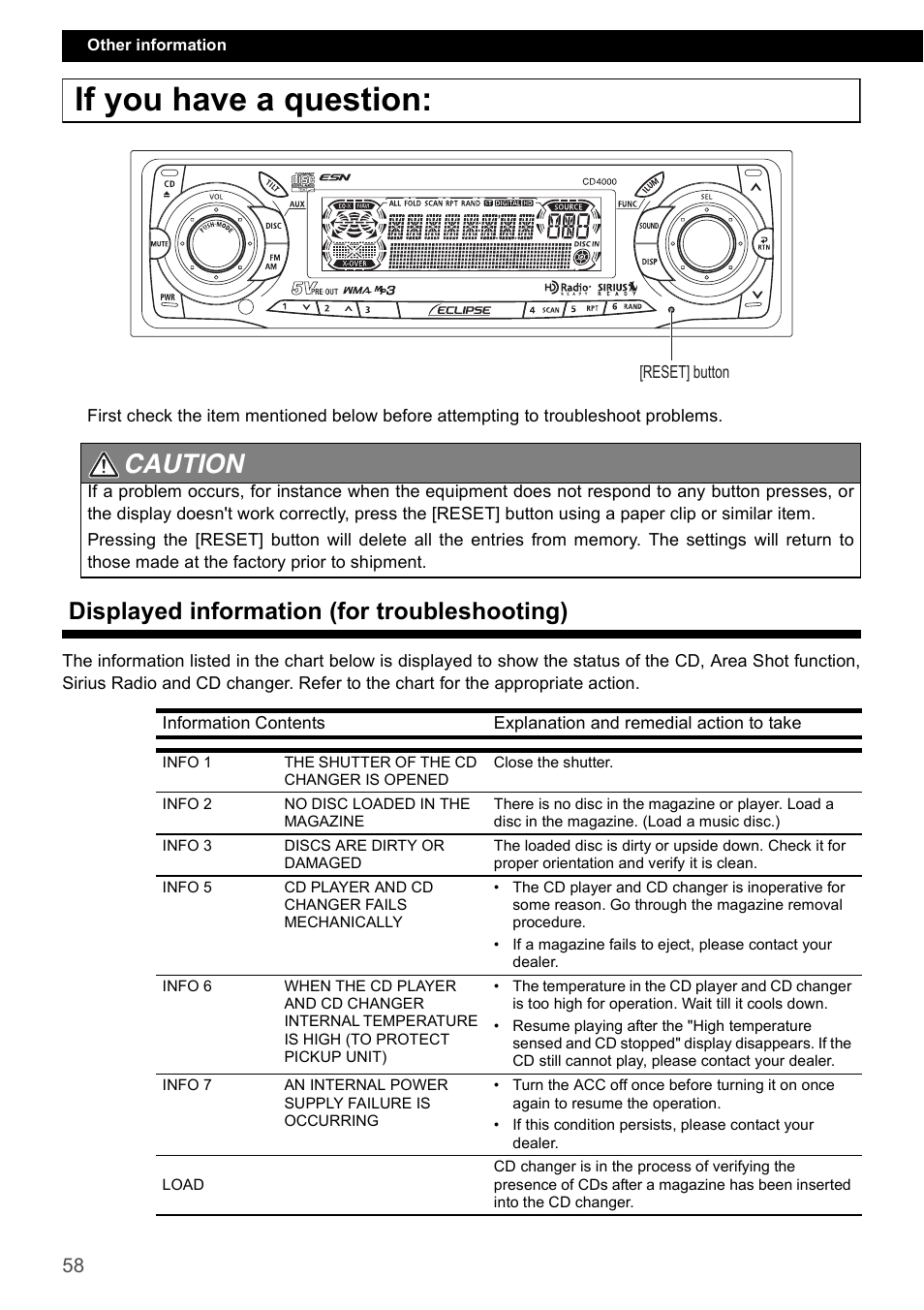 If you have a question, Displayed information (for troubleshooting), Caution | Eclipse - Fujitsu Ten CD4000 User Manual | Page 58 / 195