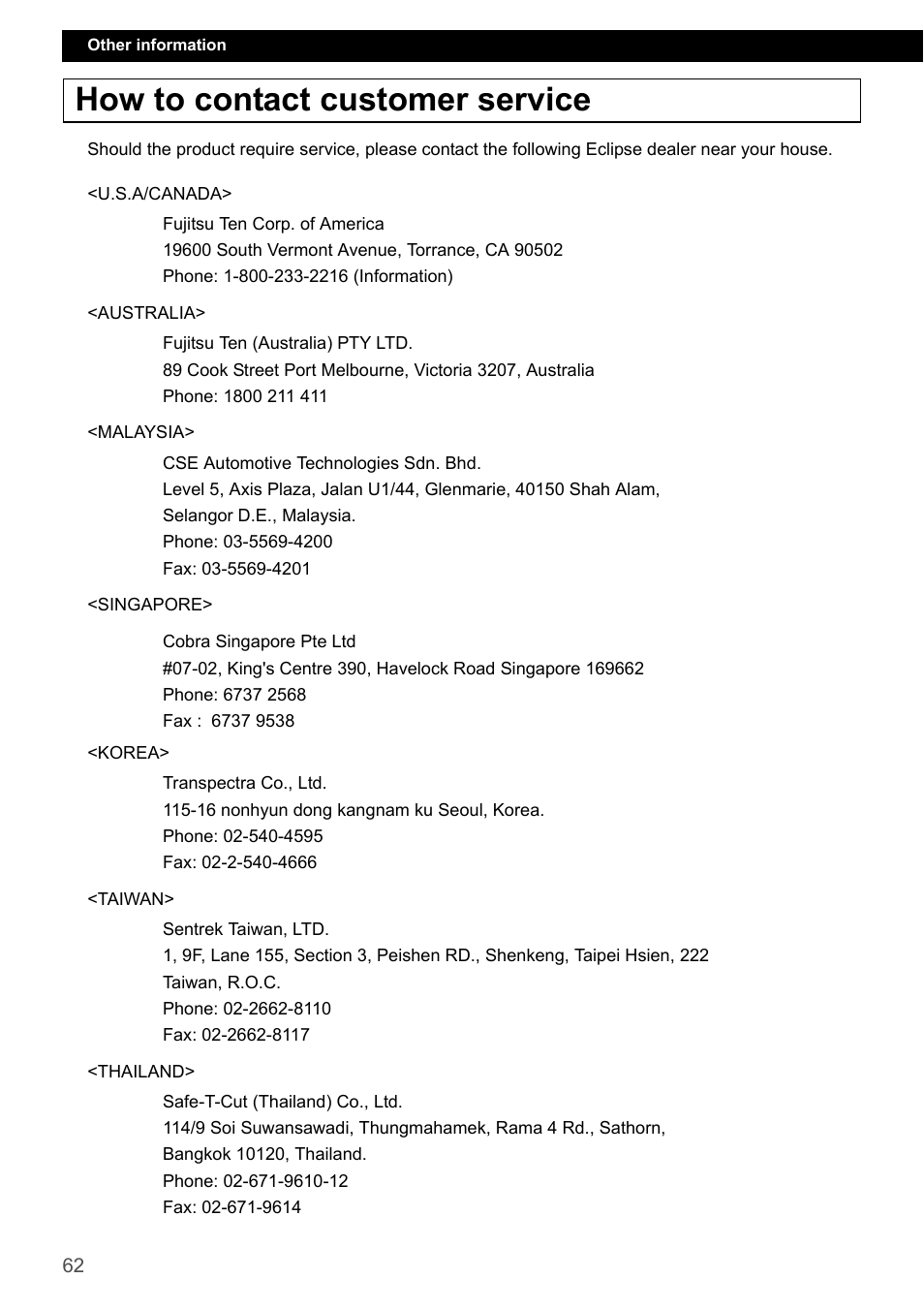 How to contact customer service | Eclipse - Fujitsu Ten CD4000 User Manual | Page 62 / 195