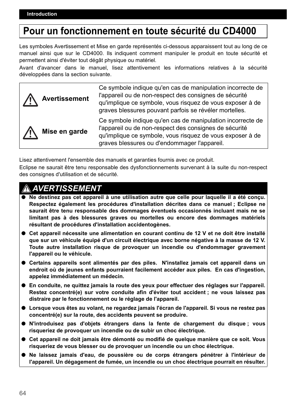 Pour un fonctionnement en toute sécurité du cd4000, Avertissement | Eclipse - Fujitsu Ten CD4000 User Manual | Page 64 / 195