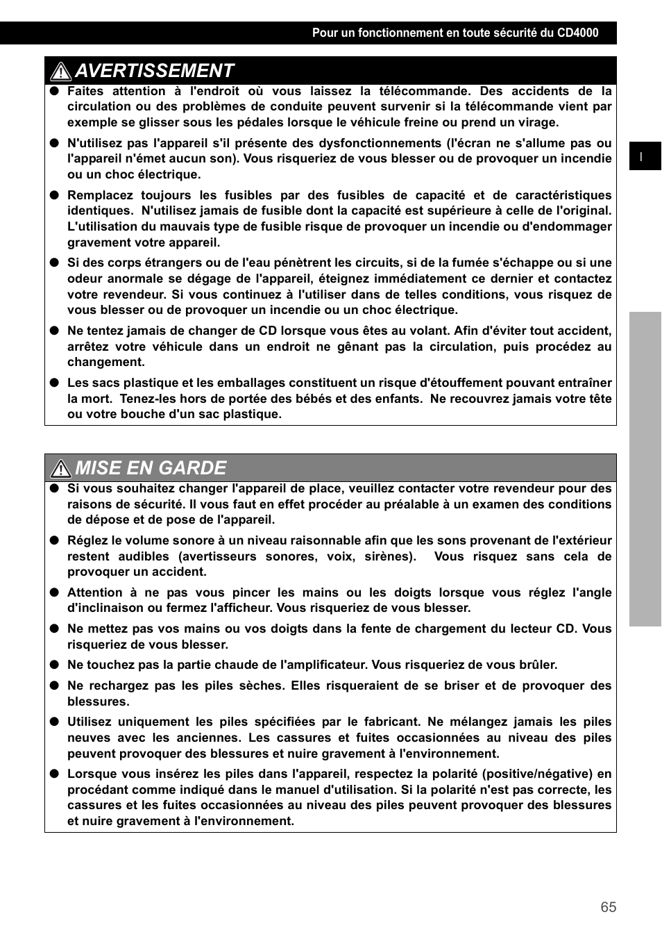 Avertissement, Mise en garde | Eclipse - Fujitsu Ten CD4000 User Manual | Page 65 / 195