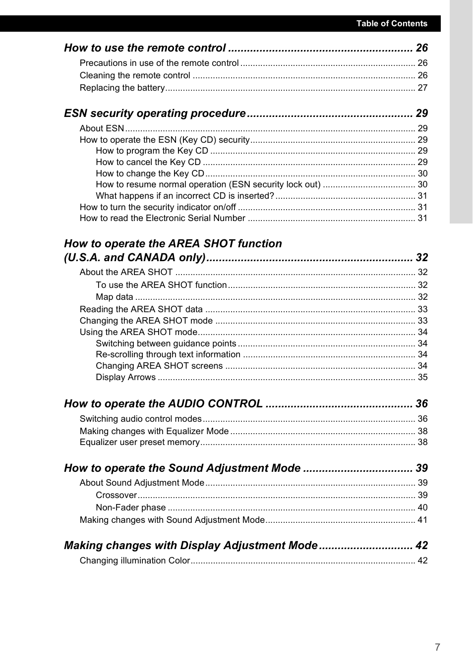 How to use the remote control, Esn security operating procedure, How to operate the audio control | How to operate the sound adjustment mode, Making changes with display adjustment mode | Eclipse - Fujitsu Ten CD4000 User Manual | Page 7 / 195