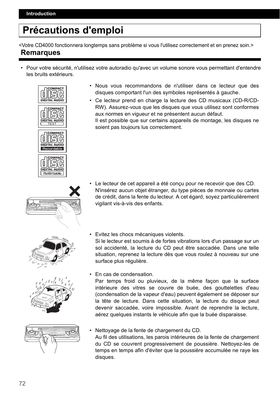 Précautions d'emploi, Remarques | Eclipse - Fujitsu Ten CD4000 User Manual | Page 72 / 195