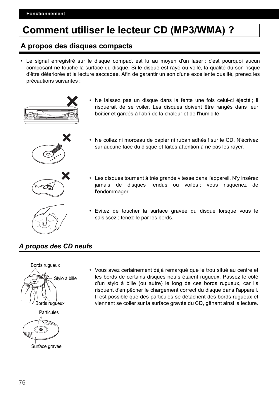 Comment utiliser le lecteur cd (mp3/wma), A propos des disques compacts, A propos des cd neufs | Eclipse - Fujitsu Ten CD4000 User Manual | Page 76 / 195