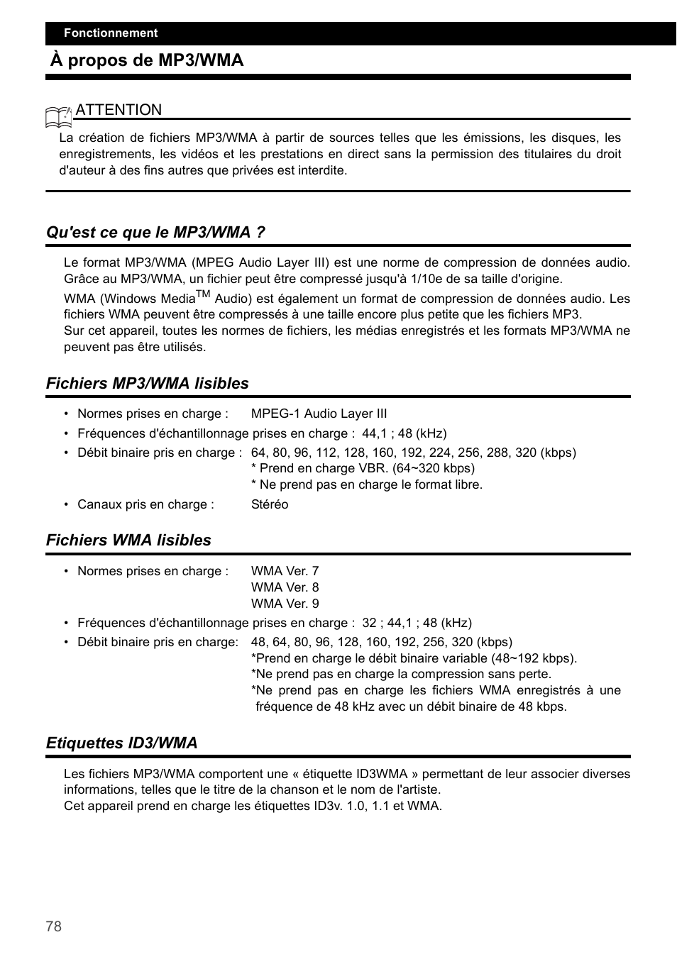 À propos de mp3/wma, Qu'est ce que le mp3/wma, Fichiers mp3/wma lisibles | Fichiers wma lisibles, Etiquettes id3/wma | Eclipse - Fujitsu Ten CD4000 User Manual | Page 78 / 195