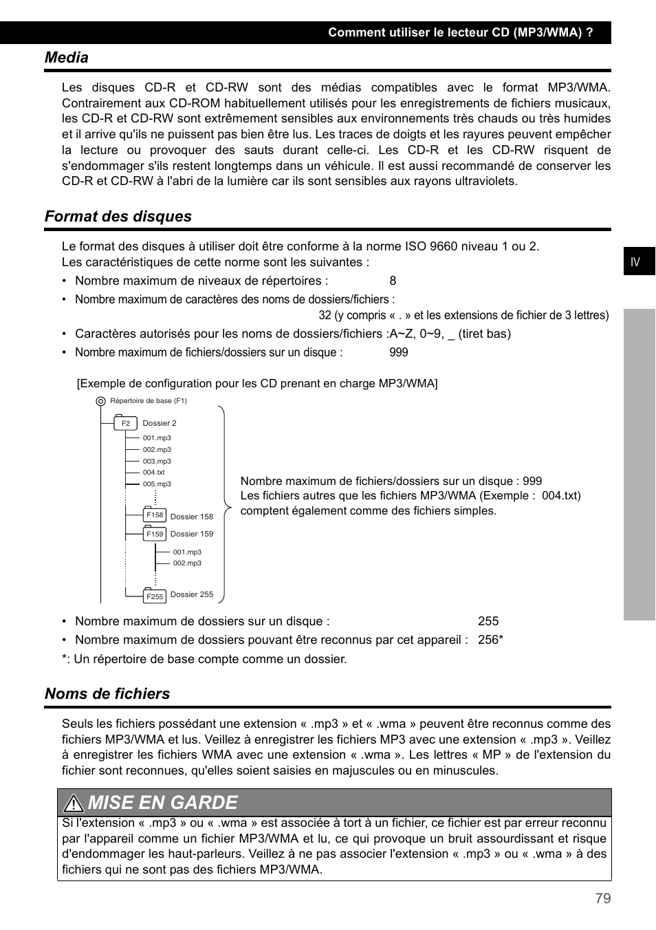 Media, Format des disques, Noms de fichiers | Media format des disques noms de fichiers, Mise en garde | Eclipse - Fujitsu Ten CD4000 User Manual | Page 79 / 195