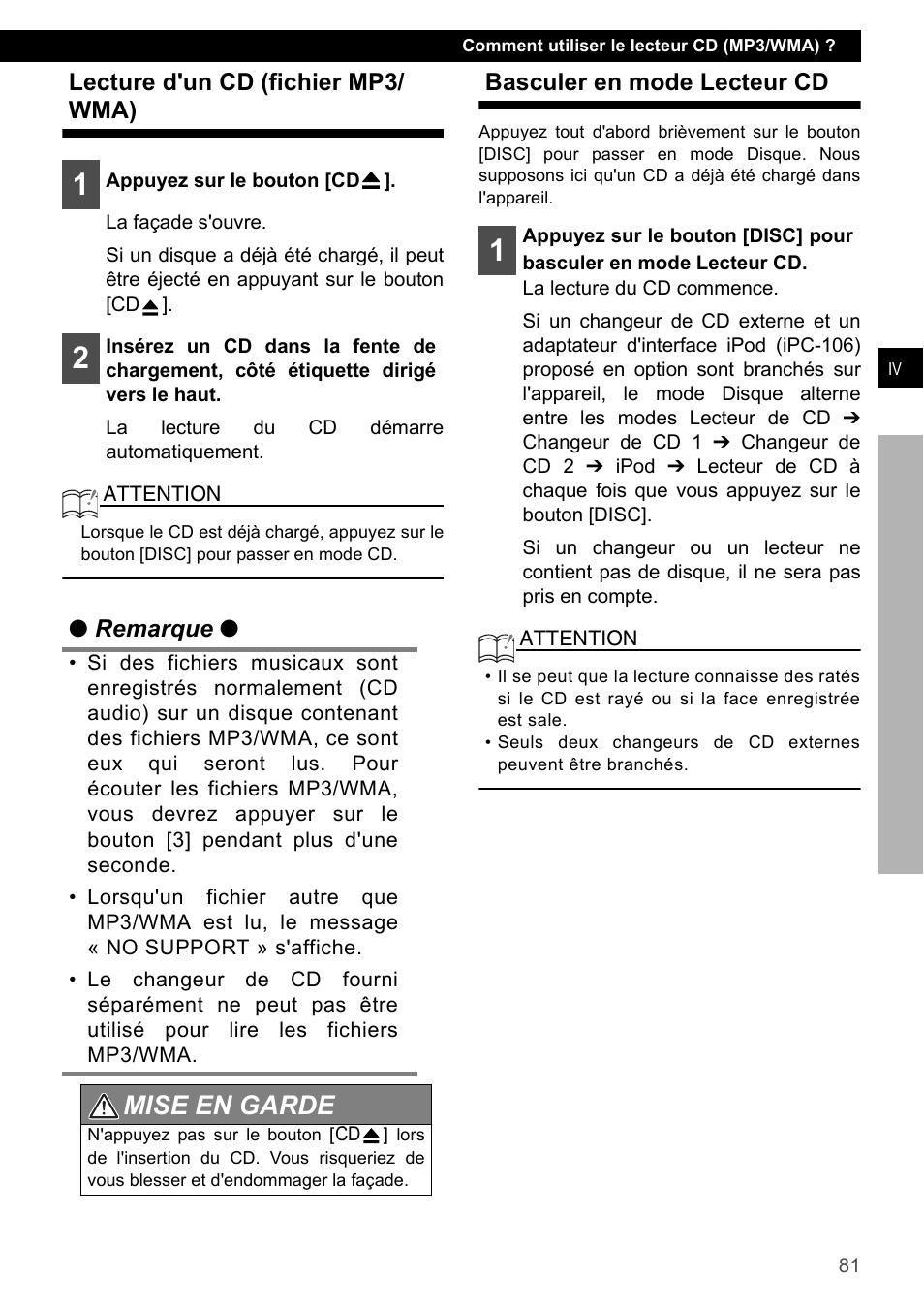 Lecture d'un cd (fichier mp3/ wma), Basculer en mode lecteur cd, Mise en garde | Eclipse - Fujitsu Ten CD4000 User Manual | Page 81 / 195