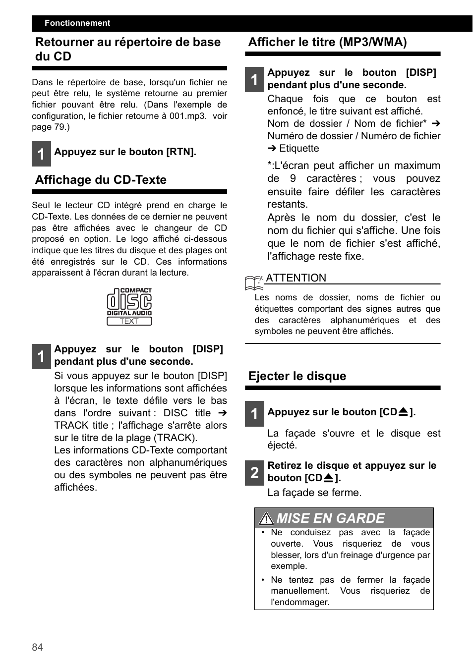 Retourner au répertoire de base du cd, Affichage du cd-texte, Afficher le titre (mp3/wma) | Ejecter le disque, Mise en garde | Eclipse - Fujitsu Ten CD4000 User Manual | Page 84 / 195