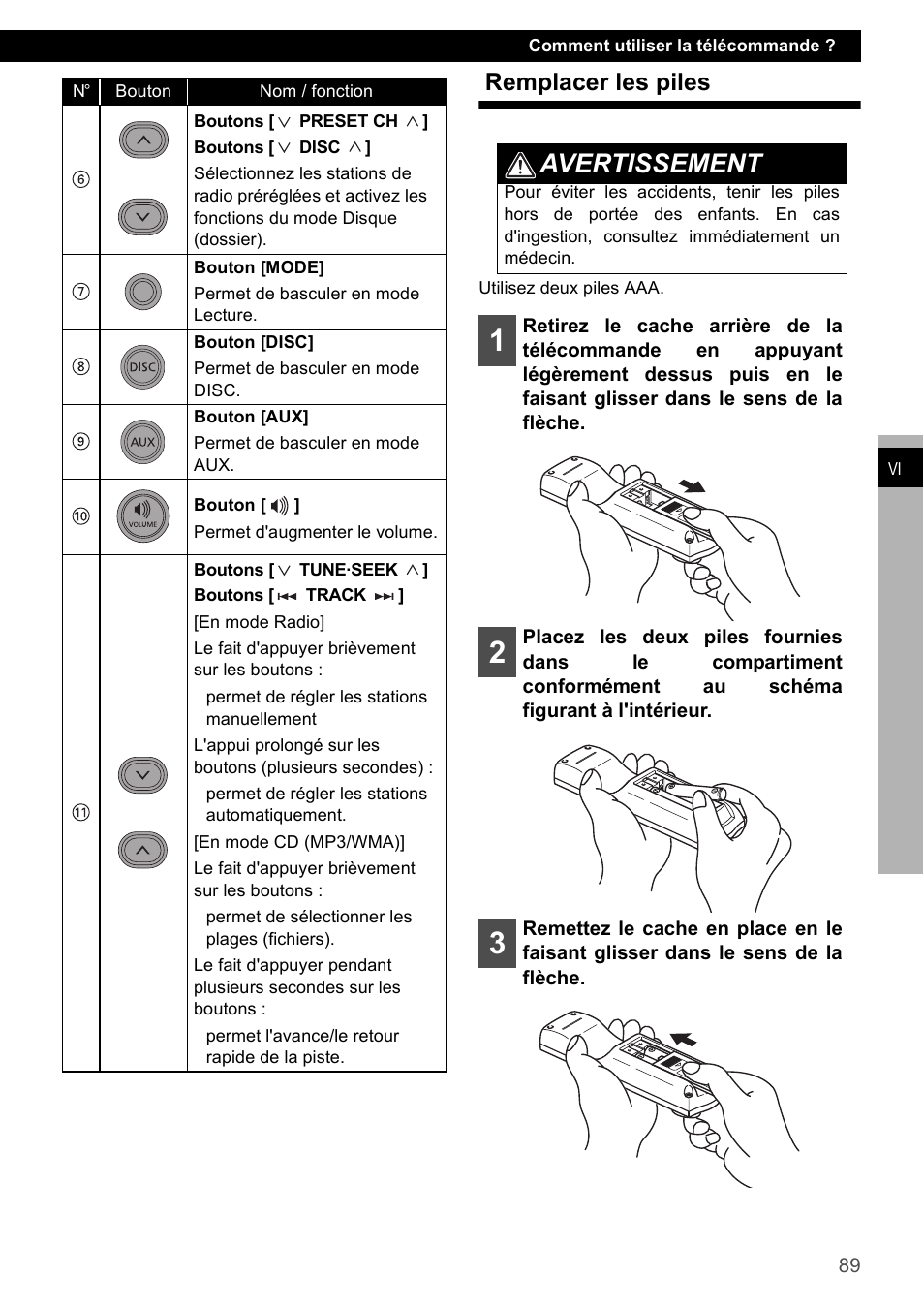 Remplacer les piles, Avertissement | Eclipse - Fujitsu Ten CD4000 User Manual | Page 89 / 195