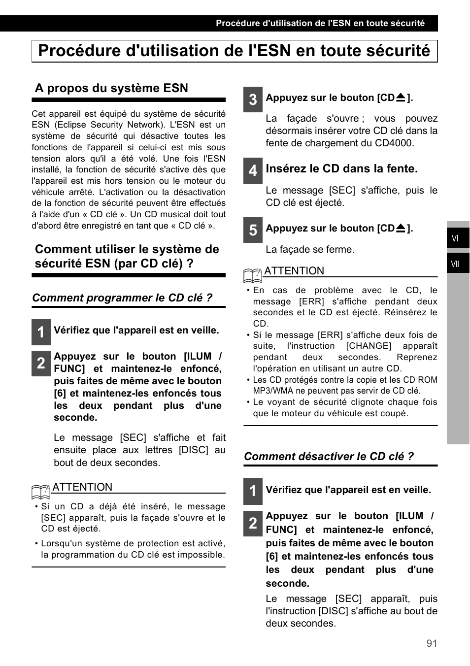 Procédure d'utilisation de l'esn en toute sécurité, A propos du système esn, Comment programmer le cd clé | Comment désactiver le cd clé | Eclipse - Fujitsu Ten CD4000 User Manual | Page 91 / 195