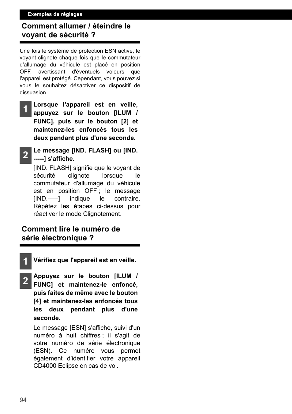 Comment allumer / éteindre le voyant de sécurité, Comment lire le numéro de série électronique | Eclipse - Fujitsu Ten CD4000 User Manual | Page 94 / 195