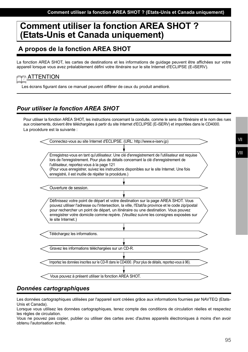 A propos de la fonction area shot, Pour utiliser la fonction area shot, Données cartographiques | Eclipse - Fujitsu Ten CD4000 User Manual | Page 95 / 195