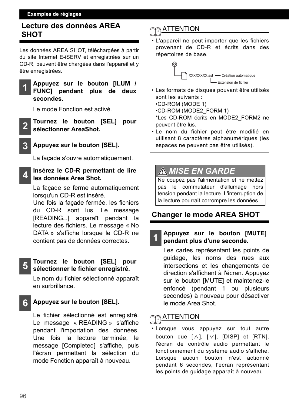 Lecture des données area shot, Changer le mode area shot, Mise en garde | Eclipse - Fujitsu Ten CD4000 User Manual | Page 96 / 195