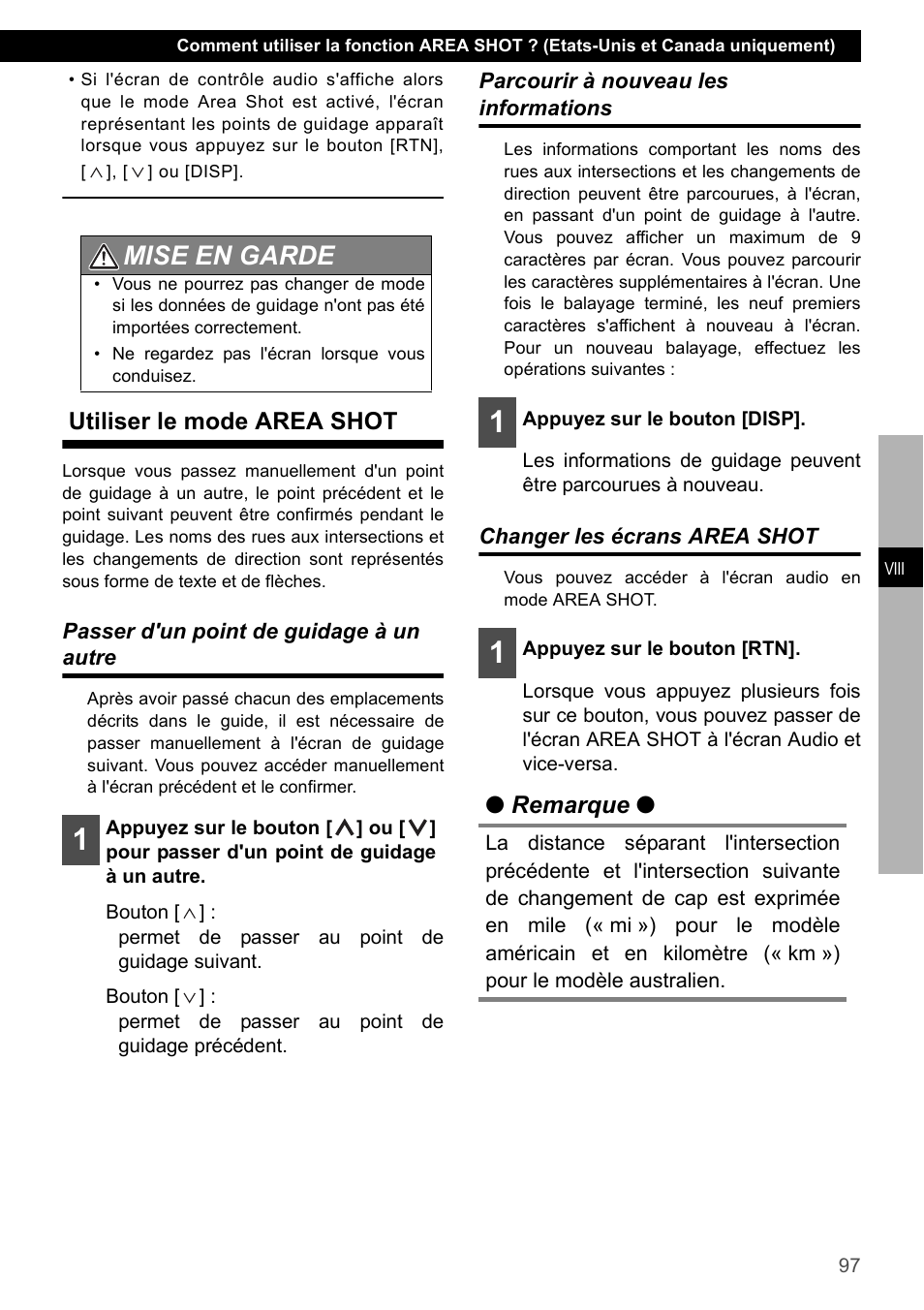 Utiliser le mode area shot, Passer d'un point de guidage à un autre, Parcourir à nouveau les informations | Changer les écrans area shot, Mise en garde, Remarque | Eclipse - Fujitsu Ten CD4000 User Manual | Page 97 / 195