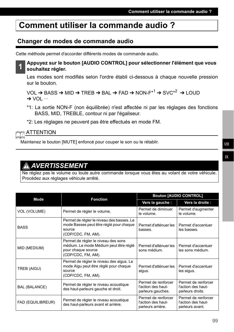 Comment utiliser la commande audio, Changer de modes de commande audio, Avertissement | Attention | Eclipse - Fujitsu Ten CD4000 User Manual | Page 99 / 195