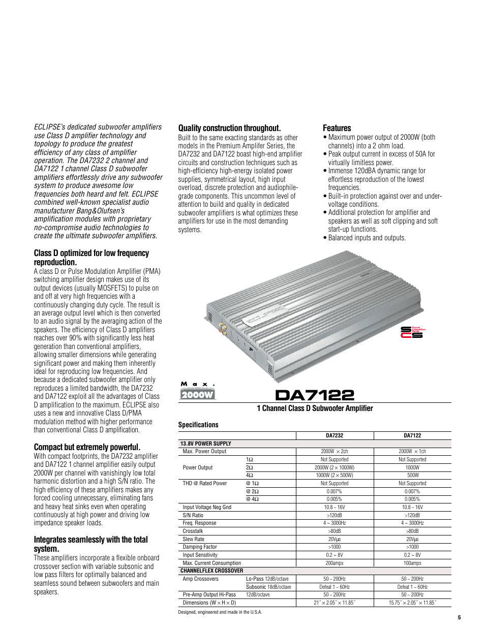 Da7122, Class d optimized for low frequency reproduction, Compact but extremely powerful | Integrates seamlessly with the total system, Quality construction throughout, Features | Eclipse - Fujitsu Ten ECLIPSE DA7232 User Manual | Page 5 / 12