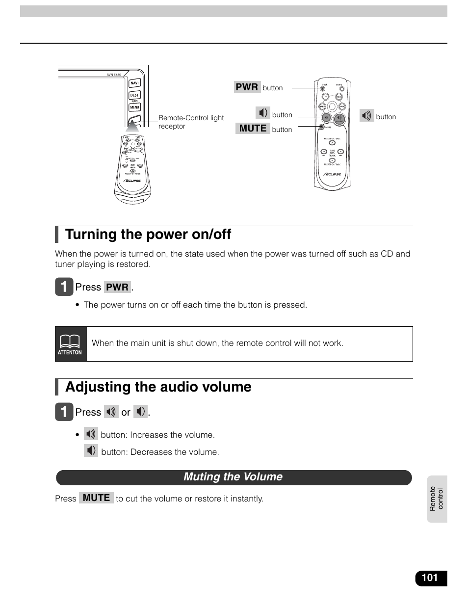 Turning the power on/off, Adjusting the audio volume | Eclipse - Fujitsu Ten AVN5435  EN User Manual | Page 102 / 122
